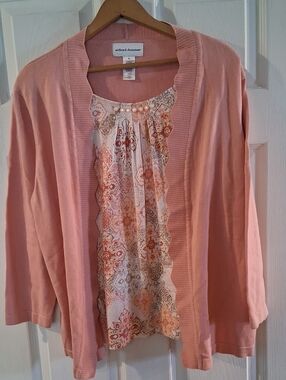 Alfred Dunner Coral Pink Cardigan with Patterned Shell